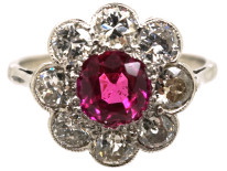 Edwardian 18ct White Gold, Platinum, Ruby & Diamond Cluster Ring