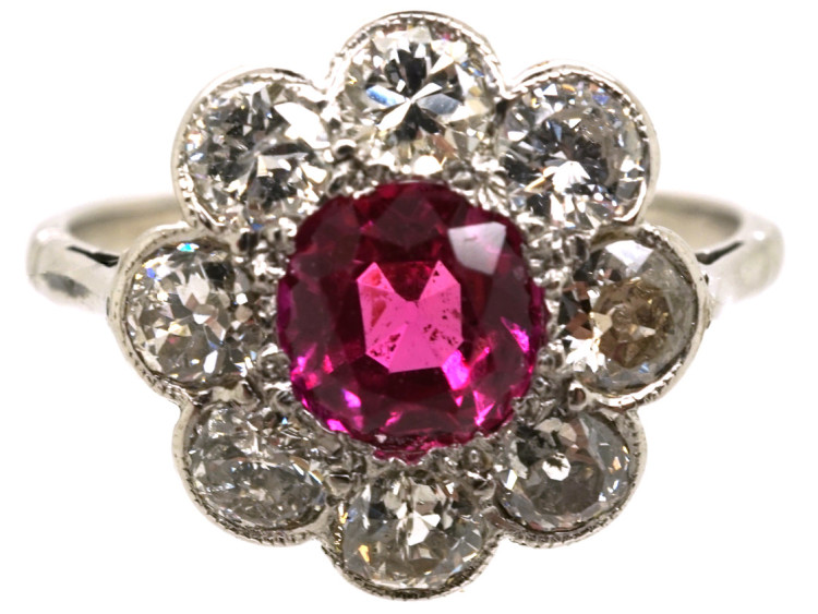 Edwardian 18ct White Gold, Platinum, Ruby & Diamond Cluster Ring