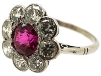 Edwardian 18ct White Gold, Platinum, Ruby & Diamond Cluster Ring