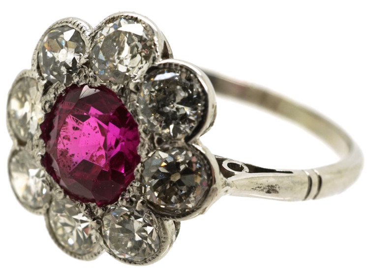 Edwardian 18ct White Gold, Platinum, Ruby & Diamond Cluster Ring