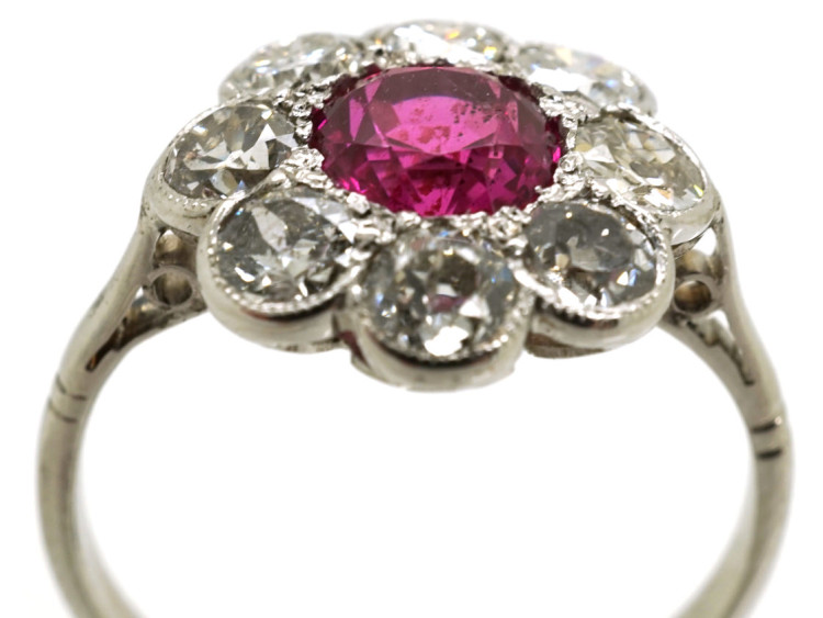 Edwardian 18ct White Gold, Platinum, Ruby & Diamond Cluster Ring