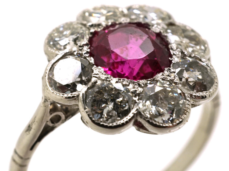 Edwardian 18ct White Gold, Platinum, Ruby & Diamond Cluster Ring