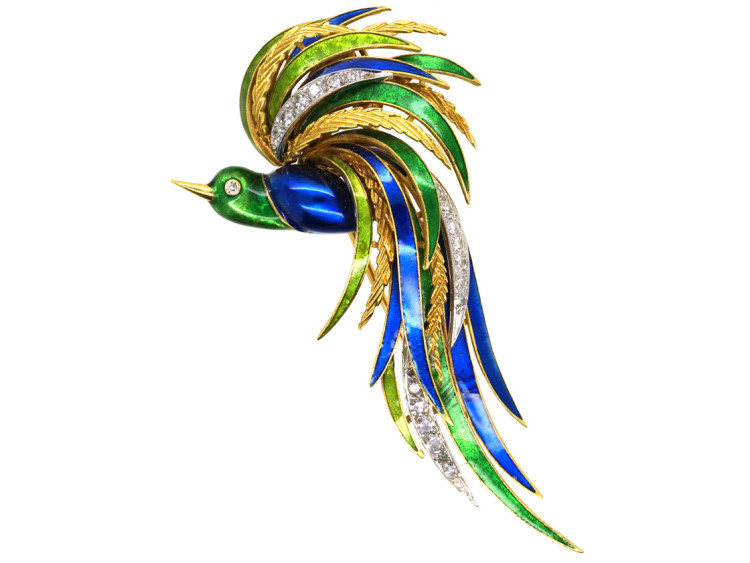 18ct Gold Enamel & Diamond Bird of Paradise Brooch