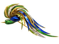 18ct Gold Enamel & Diamond Bird of Paradise Brooch