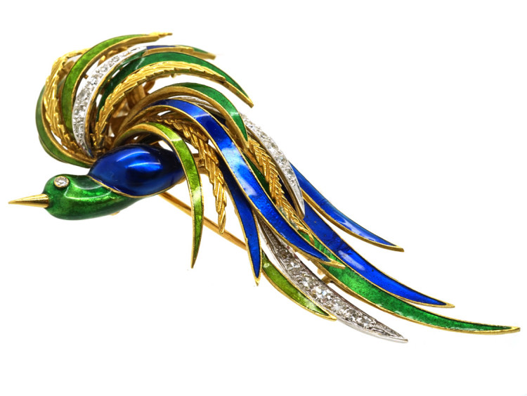 18ct Gold Enamel & Diamond Bird of Paradise Brooch