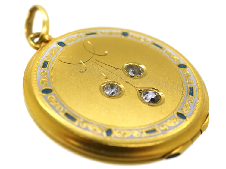 Art Deco 14ct Gold & Enamel Round Locket Set With Three Diamonds