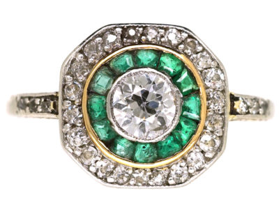 Art Deco 18ct Gold, Platinum, Octagonal Shaped Emerald & Diamond Target Ring