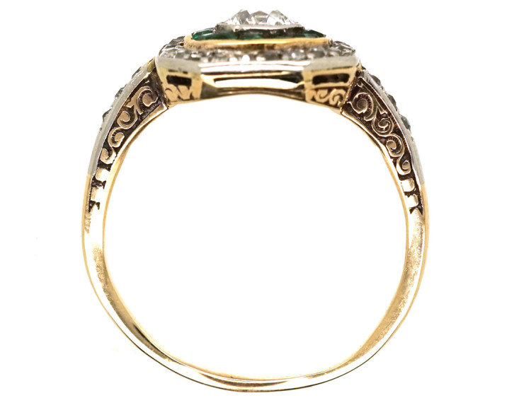 Art Deco 18ct Gold, Platinum, Octagonal Shaped Emerald & Diamond Target Ring