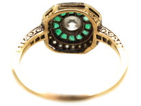 Art Deco 18ct Gold, Platinum, Octagonal Shaped Emerald & Diamond Target Ring