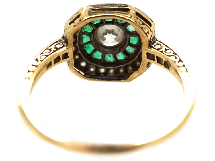 Art Deco 18ct Gold, Platinum, Octagonal Shaped Emerald & Diamond Target Ring