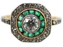 Art Deco 18ct Gold, Platinum, Octagonal Shaped Emerald & Diamond Target Ring