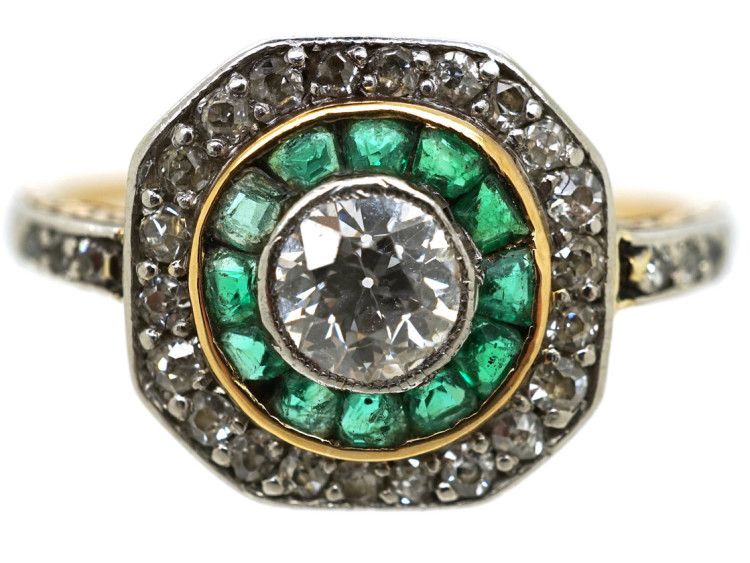 Art Deco 18ct Gold, Platinum, Octagonal Shaped Emerald & Diamond Target Ring