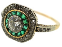 Art Deco 18ct Gold, Platinum, Octagonal Shaped Emerald & Diamond Target Ring