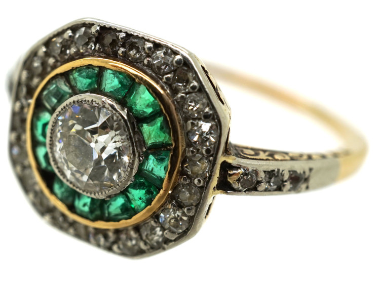Art Deco 18ct Gold, Platinum, Octagonal Shaped Emerald & Diamond Target Ring