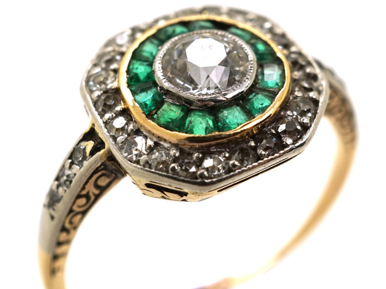 Art Deco 18ct Gold, Platinum, Octagonal Shaped Emerald & Diamond Target Ring