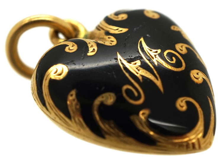 Victorian 18ct Gold & Black Enamel Heart Pendant With M Monogram