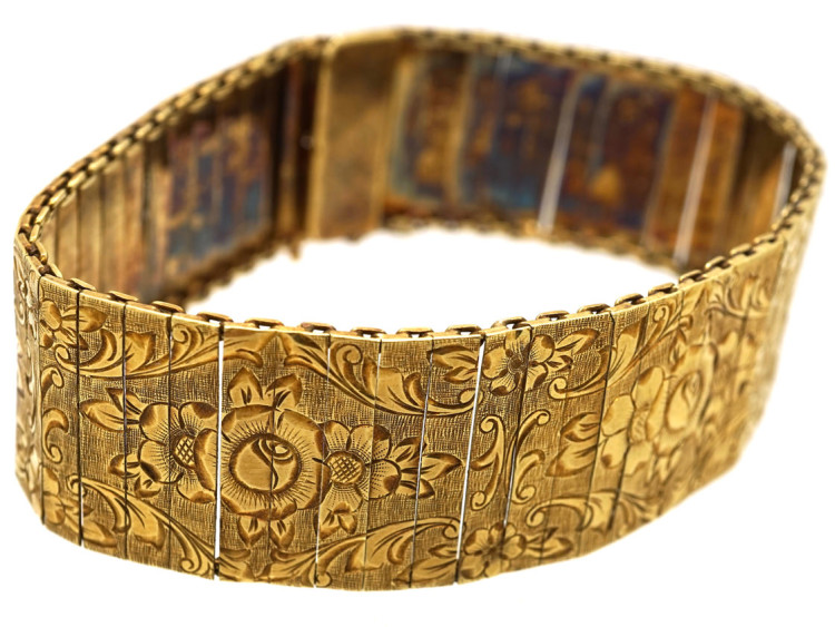 Art Deco 14ct Gold Articulated Engraved Flower Motif Bracelet