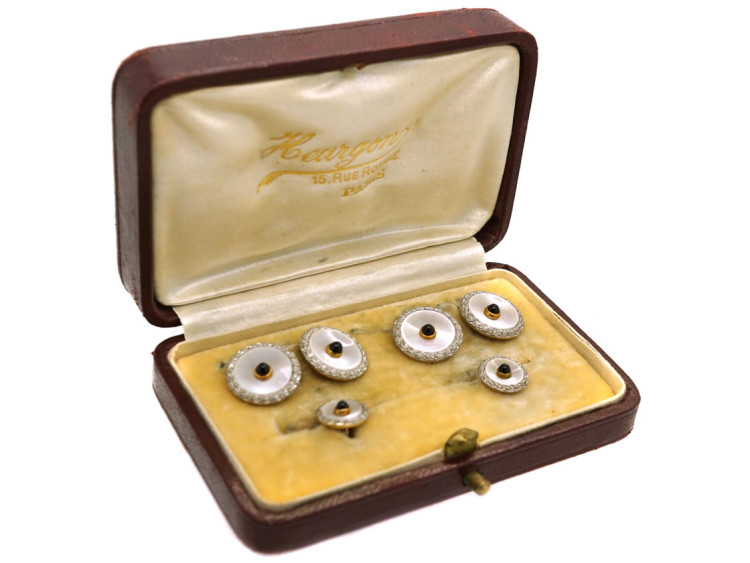 Art Deco 18ct Gold, Platinum, & Cabochon Sapphire Cufflinks & Studs Dress Set