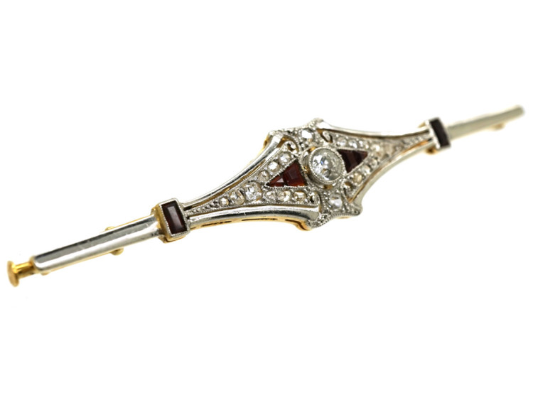 Art Deco 18ct Gold & Platinum, Diamond & Garnet Brooch