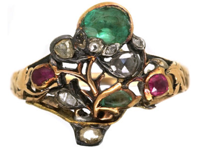 Georgian Gold , Emerald, Ruby & Rose Diamond Giardinetti Ring