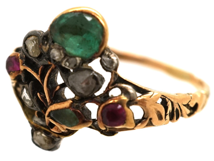 Georgian Gold , Emerald, Ruby & Rose Diamond Giardinetti Ring