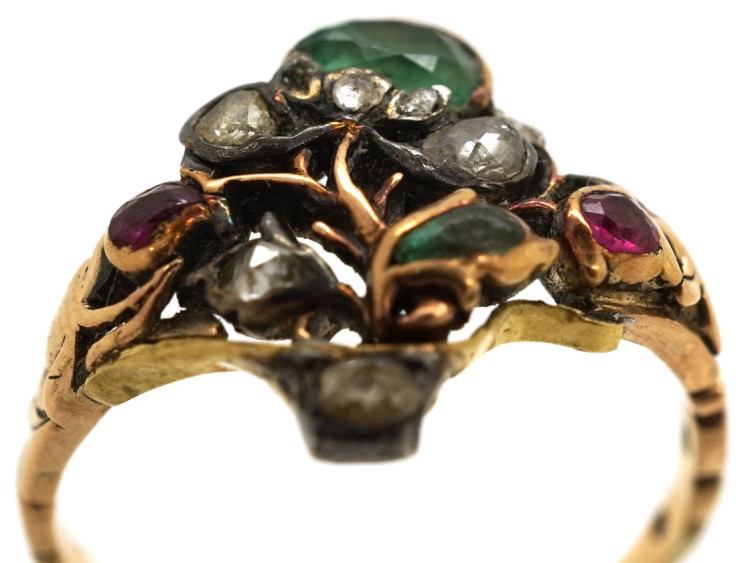 Georgian Gold , Emerald, Ruby & Rose Diamond Giardinetti Ring