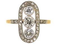 Art Deco 18ct Gold, Platinum & Three Stone Diamond Oval Ring