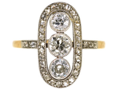 Art Deco 18ct Gold, Platinum & Three Stone Diamond Oval Ring