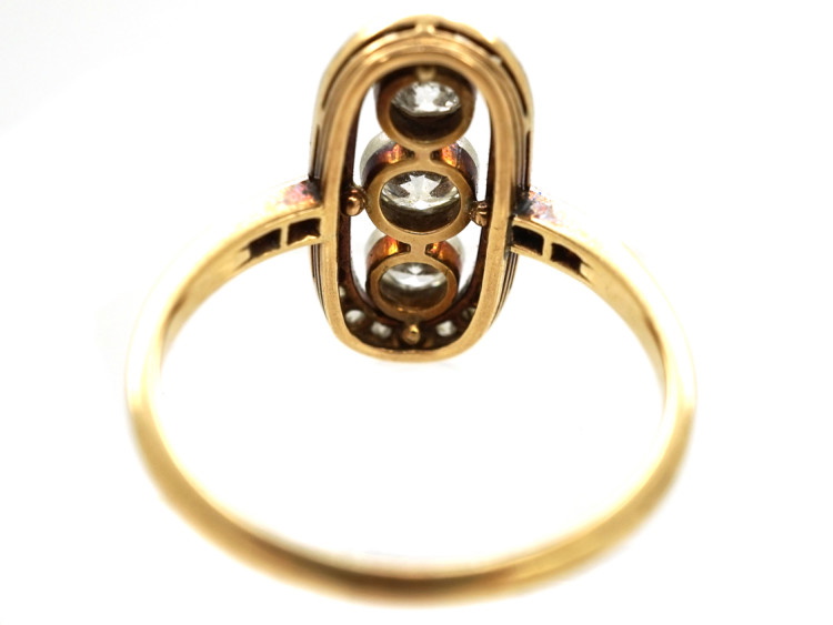 Art Deco 18ct Gold, Platinum & Three Stone Diamond Oval Ring