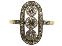 Art Deco 18ct Gold, Platinum & Three Stone Diamond Oval Ring