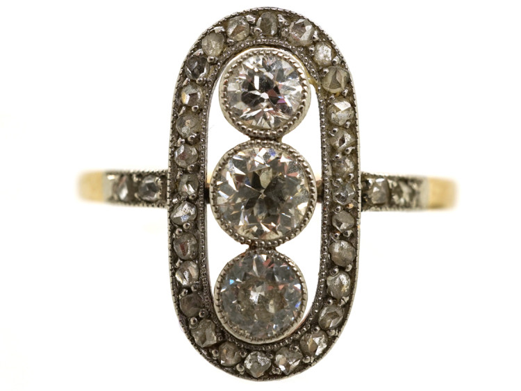 Art Deco 18ct Gold, Platinum & Three Stone Diamond Oval Ring