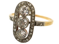 Art Deco 18ct Gold, Platinum & Three Stone Diamond Oval Ring
