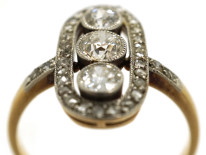 Art Deco 18ct Gold, Platinum & Three Stone Diamond Oval Ring
