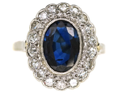 Art Deco 18ct Gold & Platinum, Sapphire & Diamond Oval Cluster Ring