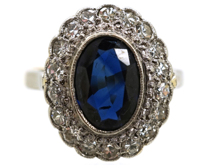 Art Deco 18ct Gold & Platinum, Sapphire & Diamond Oval Cluster Ring