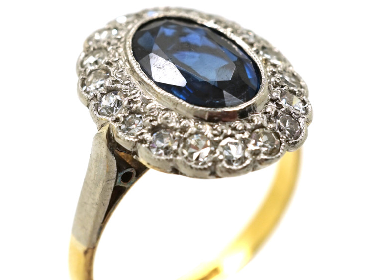 Art Deco 18ct Gold & Platinum, Sapphire & Diamond Oval Cluster Ring