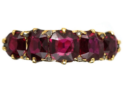 Victorian Carved Half Hoop 18ct Gold Five Stone Ruby Ring