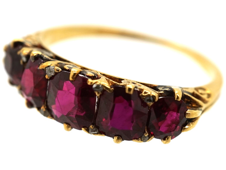 Victorian Carved Half Hoop 18ct Gold Five Stone Ruby Ring