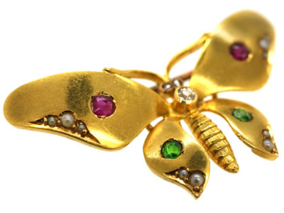 Edwardian 18ct Gold Butterfly Brooch Set With Green Garnets, Rubies, Pearls & a Diamond