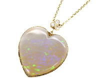 Edwardian Large Opal Heart Pendant with Diamond Top on 14ct Gold Chain