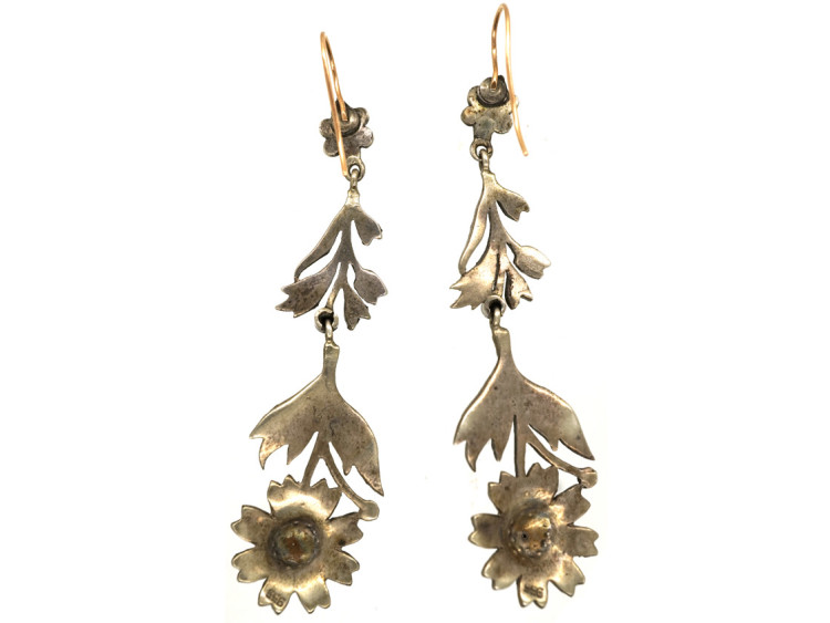 Edwardian Long Drop Silver & Marcasite Flower Earrings