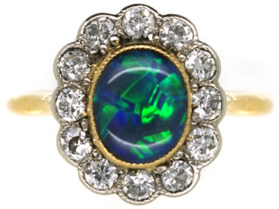 Edwardian 18ct & Platinum, Black Opal & Diamond Oval Ring