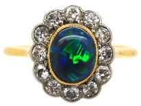 Edwardian 18ct & Platinum, Black Opal & Diamond Oval Ring