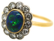 Edwardian 18ct & Platinum, Black Opal & Diamond Oval Ring
