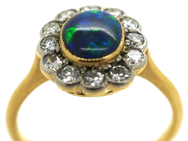 Edwardian 18ct & Platinum, Black Opal & Diamond Oval Ring
