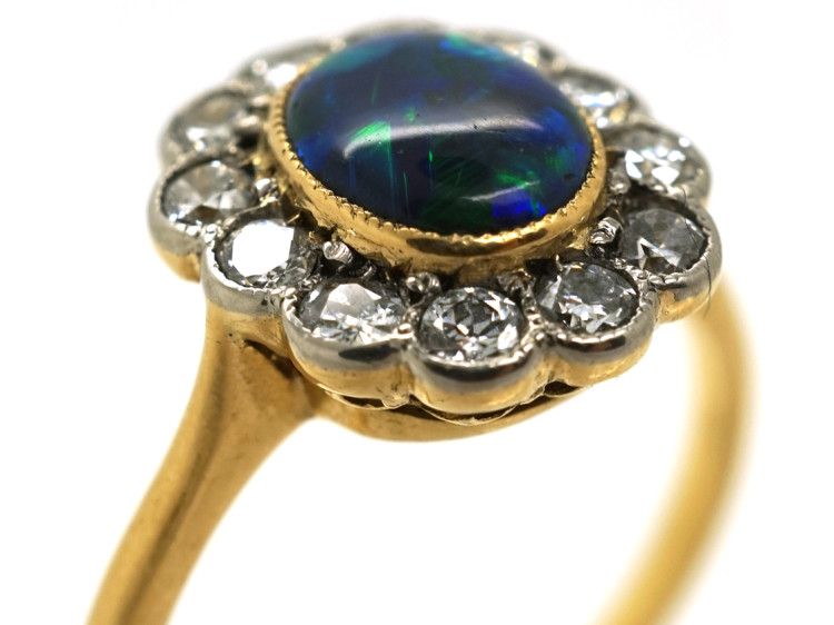 Edwardian 18ct & Platinum, Black Opal & Diamond Oval Ring