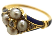 Regency 18ct Gold Blue Enamel, Diamond & Pearl Cluster Ring