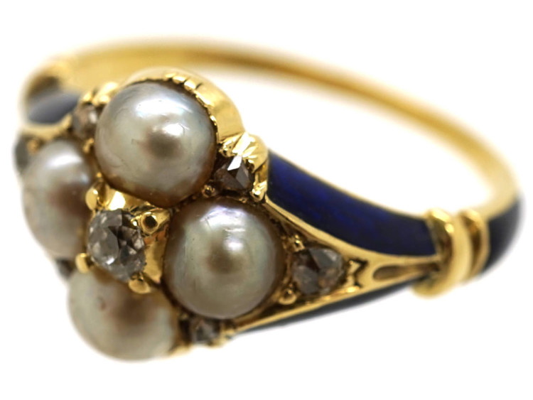 Regency 18ct Gold Blue Enamel, Diamond & Pearl Cluster Ring