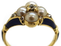 Regency 18ct Gold Blue Enamel, Diamond & Pearl Cluster Ring