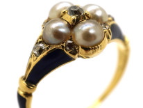 Regency 18ct Gold Blue Enamel, Diamond & Pearl Cluster Ring
